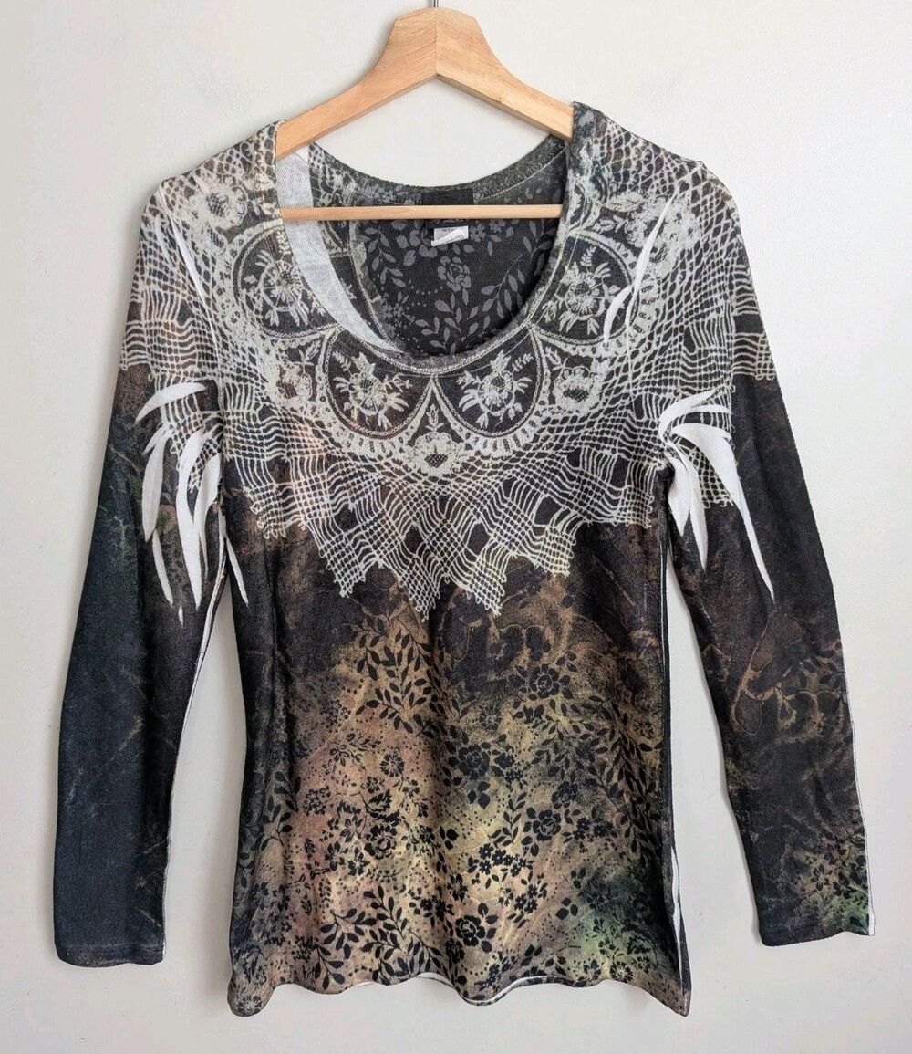 VTG Y2K Daytrip Fairy Grunge Top All Over Print Graphic Lace Long Slv Fits M USA